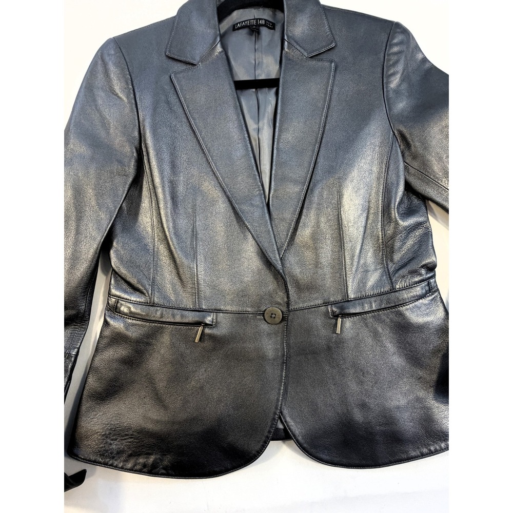 Lafayette 148 Blazer Women 8 Blue Leather Metallic Single Button Zip Pocket